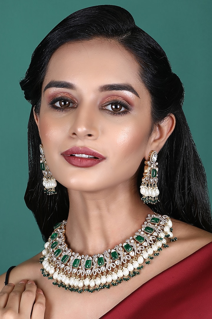 Gold Plated Green Kundan Polki Necklace Set by Aura Trends at Pernia's Pop Up Shop