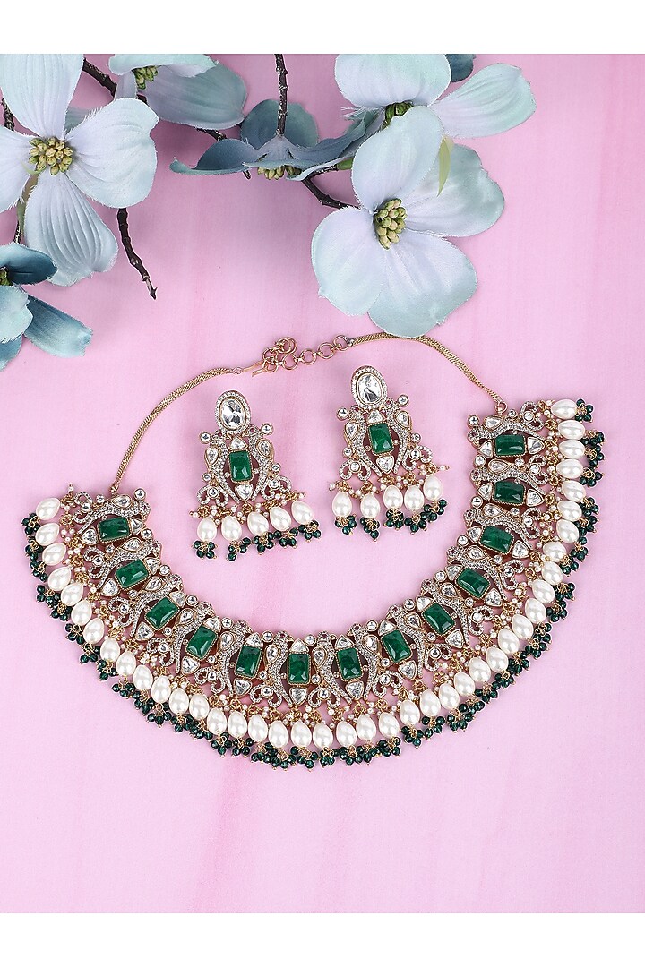 Gold Plated Green Kundan Polki Necklace Set by Aura Trends at Pernia's Pop Up Shop