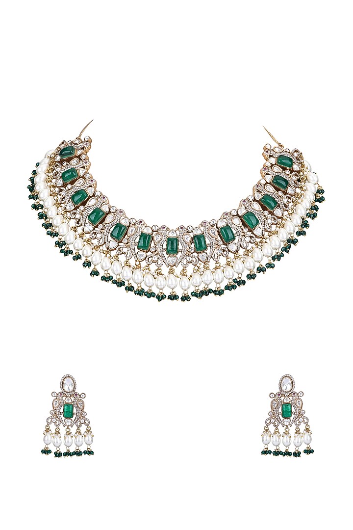 Gold Plated Green Kundan Polki Necklace Set by Aura Trends at Pernia's Pop Up Shop