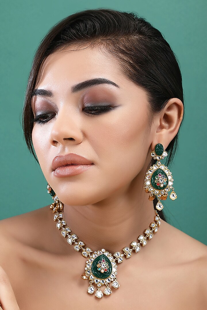 Gold Plated Green & Red Kundan Polki Necklace Set by Aura Trends at Pernia's Pop Up Shop
