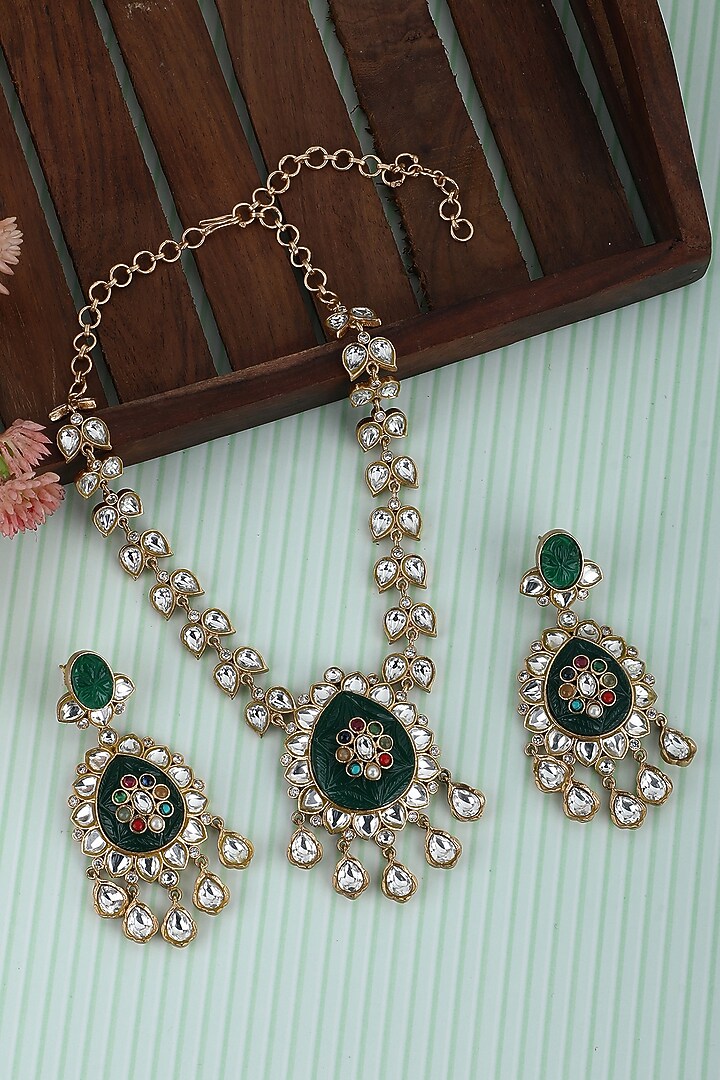 Gold Plated Green & Red Kundan Polki Necklace Set by Aura Trends at Pernia's Pop Up Shop