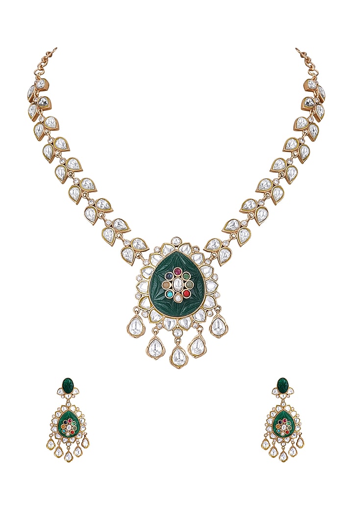 Gold Plated Green & Red Kundan Polki Necklace Set by Aura Trends at Pernia's Pop Up Shop