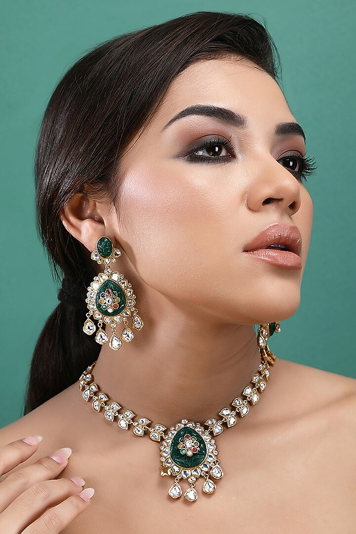 Gold Plated Green & Red Kundan Polki Necklace Set by Aura Trends at Pernia's Pop Up Shop