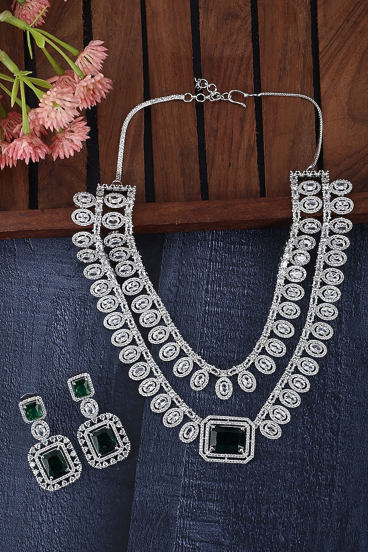 White Rhodium Finish Green Zircon Necklace Set by Aura Trends at Pernia's Pop Up Shop