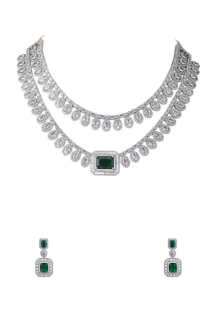 White Rhodium Finish Green Zircon Necklace Set by Aura Trends at Pernia's Pop Up Shop