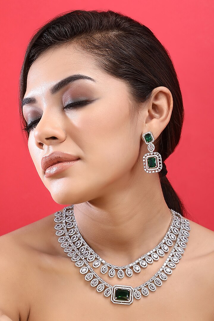 White Rhodium Finish Green Zircon Necklace Set by Aura Trends at Pernia's Pop Up Shop