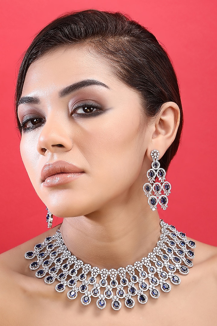 White Rhodium Finish Blue Zircon Necklace Set by Aura Trends at Pernia's Pop Up Shop