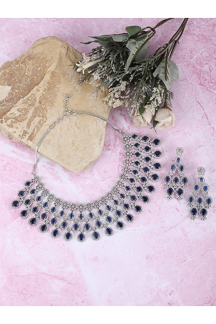White Rhodium Finish Blue Zircon Necklace Set by Aura Trends at Pernia's Pop Up Shop