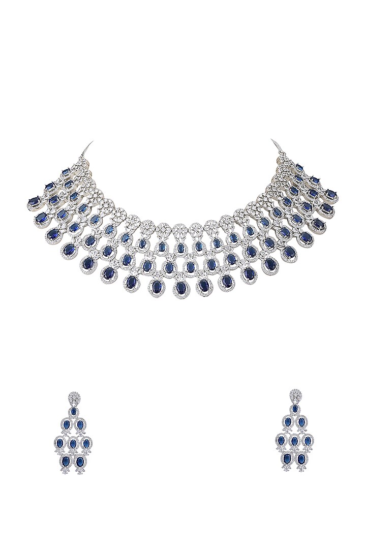 White Rhodium Finish Blue Zircon Necklace Set by Aura Trends at Pernia's Pop Up Shop