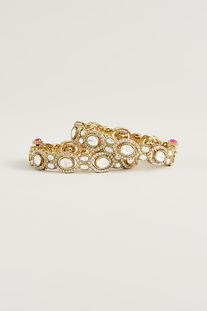 Gold Finish Kundan Polki Bangles (Set Of 2) by Aura Trends at Pernia's Pop Up Shop