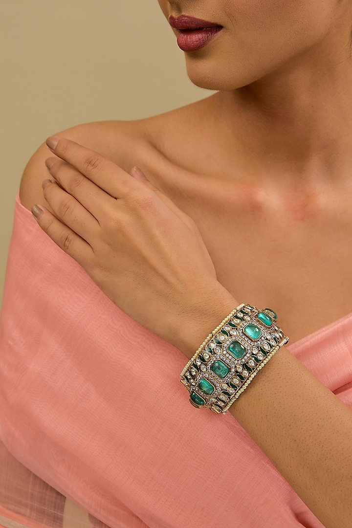 Gold Finish Turquoise Kundan Polki Bangle by Auraa Trends at Pernia's Pop Up Shop