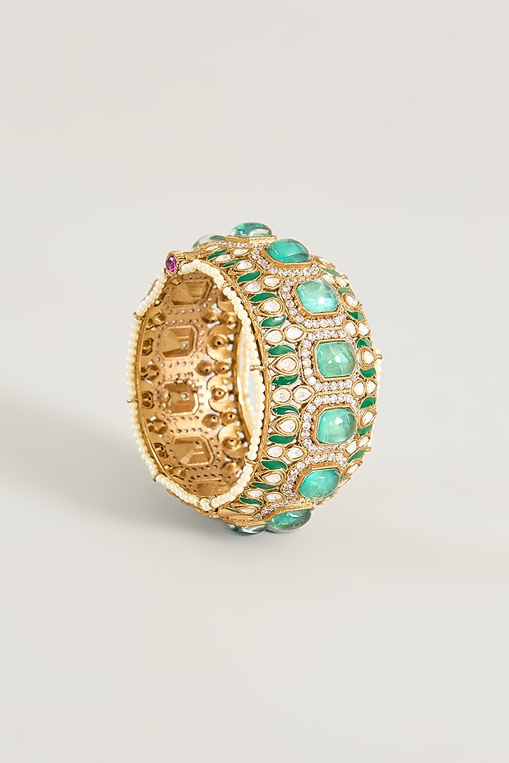 Gold Finish Turquoise Kundan Polki Bangle by Aura Trends at Pernia's Pop Up Shop