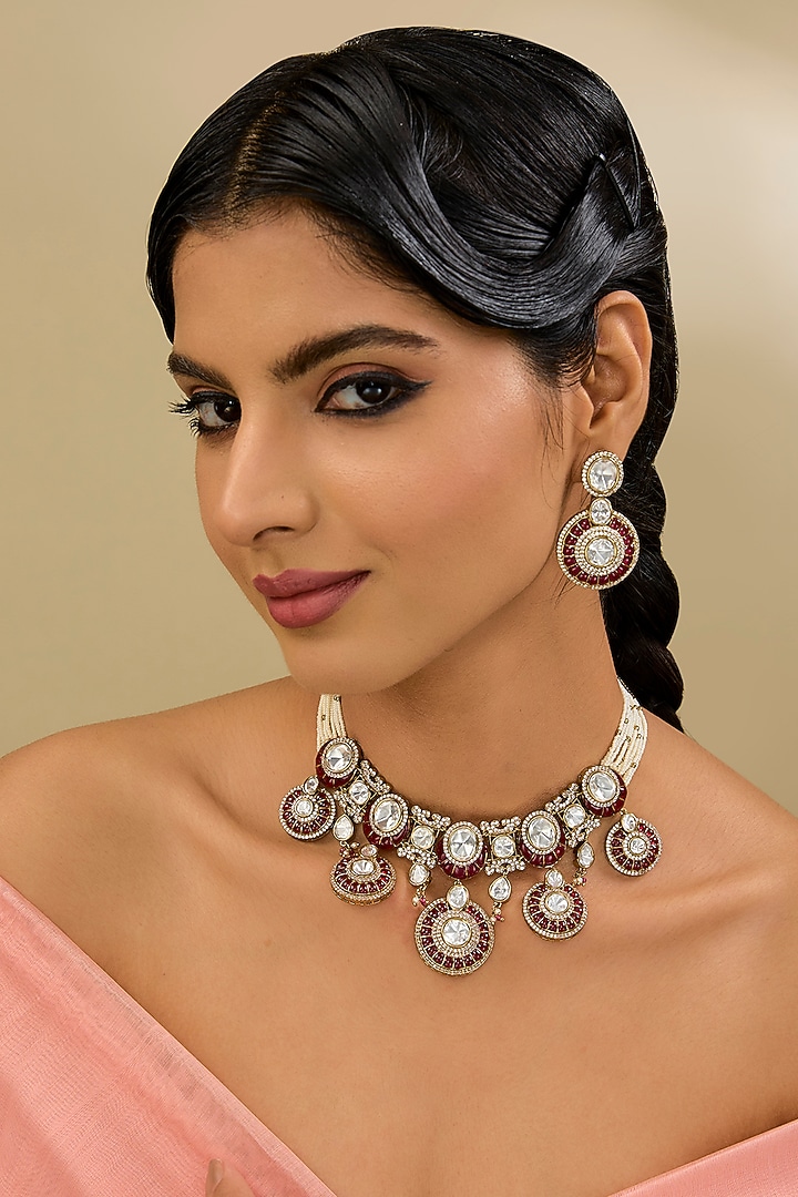 Gold Finish Kundan Polki Necklace Set by Aura Trends at Pernia's Pop Up Shop