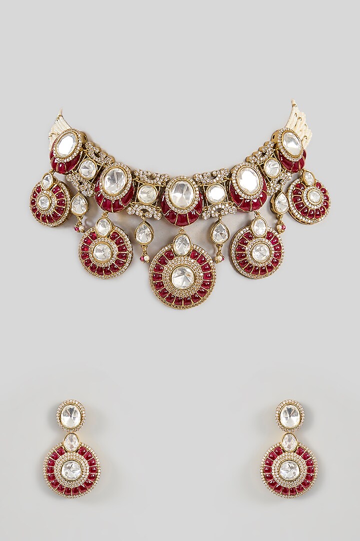 Gold Finish Kundan Polki Necklace Set by Aura Trends at Pernia's Pop Up Shop