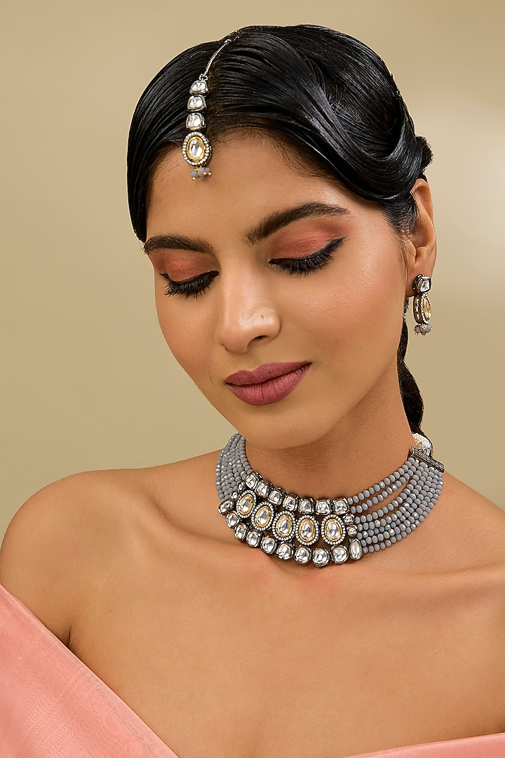 Gold Finish Grey Kundan Polki Necklace Set by Aura Trends at Pernia's Pop Up Shop