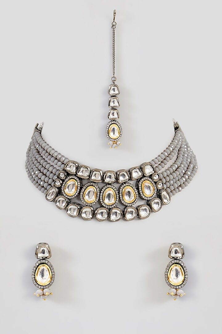 Gold Finish Grey Kundan Polki Necklace Set by Aura Trends at Pernia's Pop Up Shop