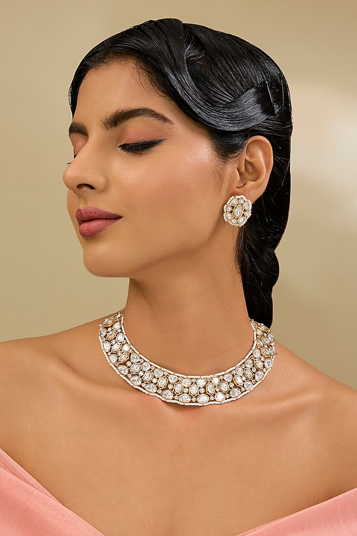 Gold Finish Kundan Polki Necklace Set by Aura Trends at Pernia's Pop Up Shop