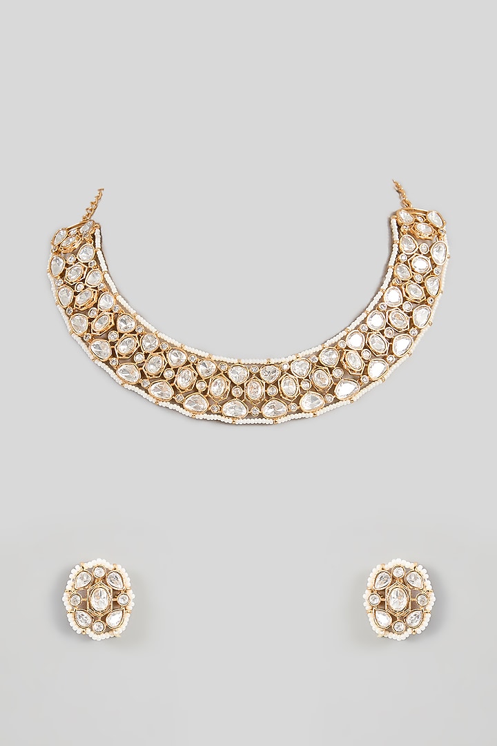 Gold Finish Kundan Polki Necklace Set by Aura Trends at Pernia's Pop Up Shop