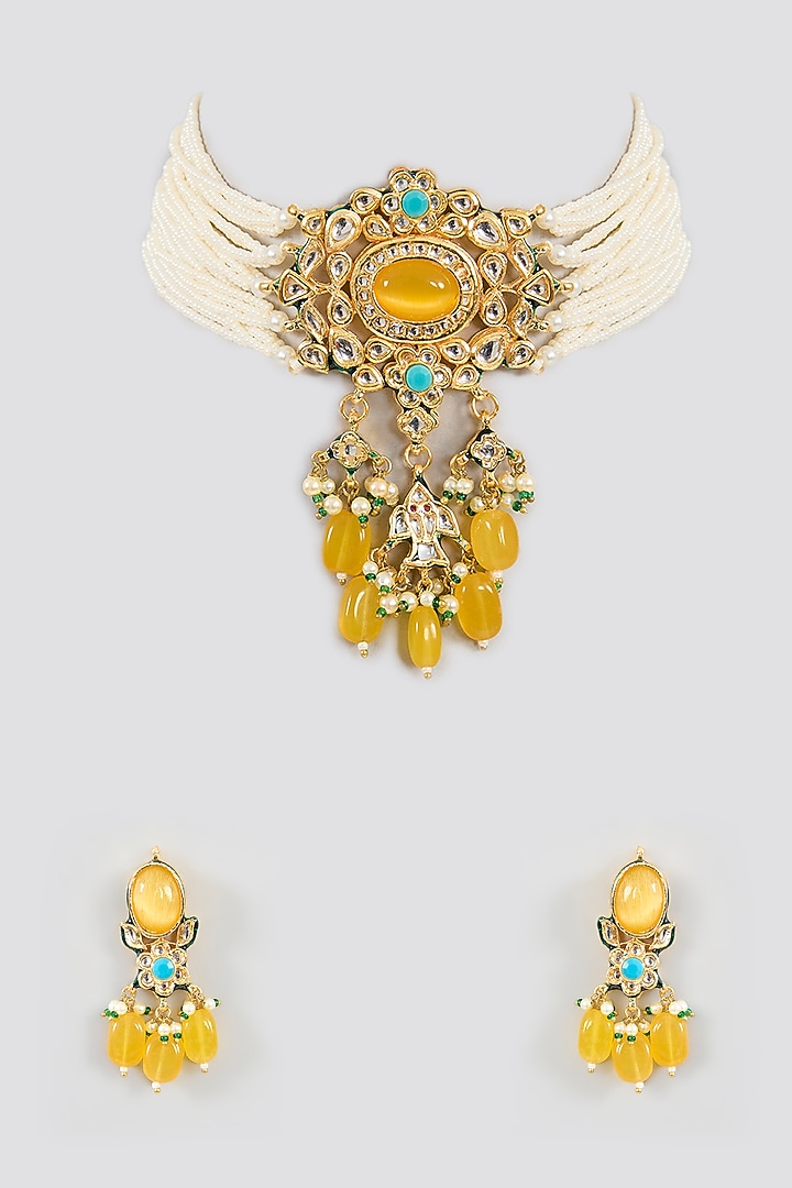 Gold Finish Kundan Polki Necklace Set by Aura Trends at Pernia's Pop Up Shop