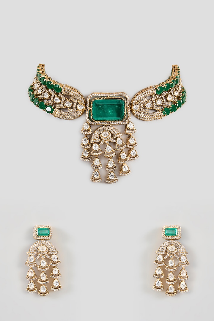White Finish Green Zircon Necklace Set by Aura Trends at Pernia's Pop Up Shop