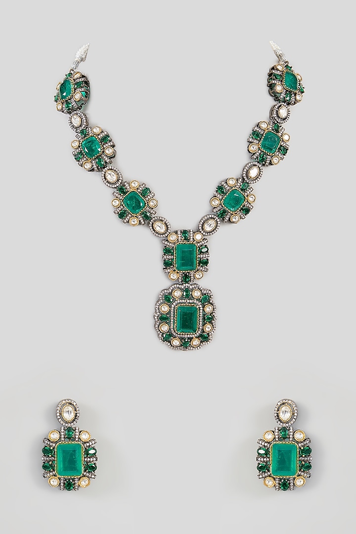 White Finish Green Zircon Necklace Set by Aura Trends at Pernia's Pop Up Shop