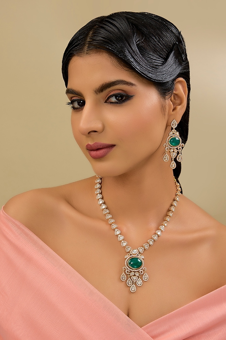 Gold Finish Kundan Polki Necklace Set by Aura Trends at Pernia's Pop Up Shop