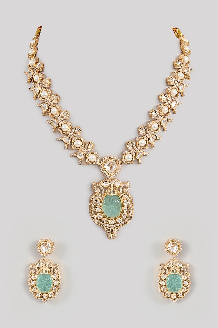 Gold Finish Aqua Kundan Polki Necklace Set by Aura Trends at Pernia's Pop Up Shop
