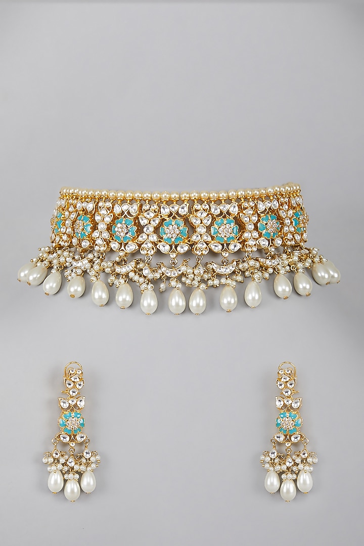 Gold Plated Kundan & Blue Stones Necklace Set by Aura Trends at Pernia's Pop Up Shop