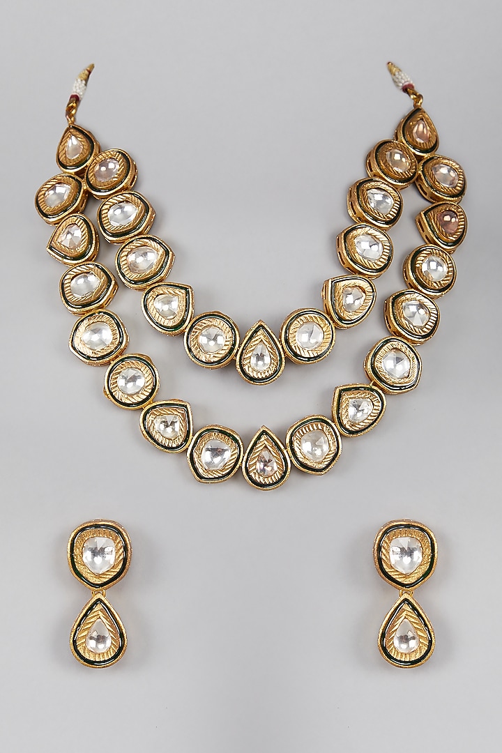 Gold Plated Kundan & Green Stones Necklace Set by Aura Trends at Pernia's Pop Up Shop