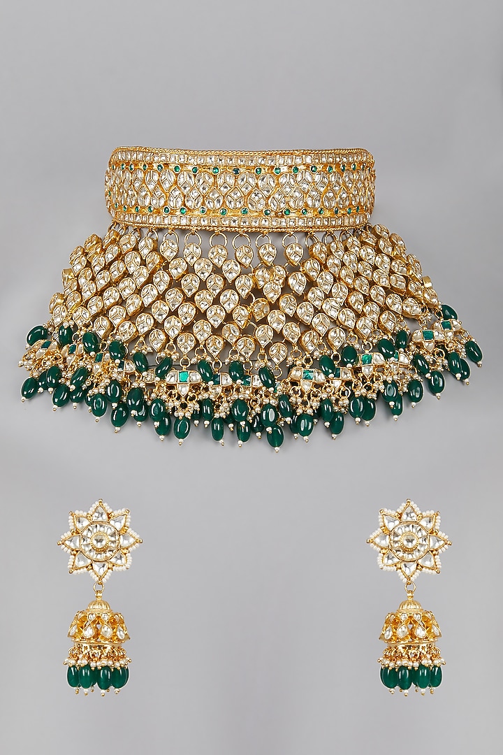 Gold Plated Kundan Green Stones Necklace Set by Aura Trends at Pernia's Pop Up Shop