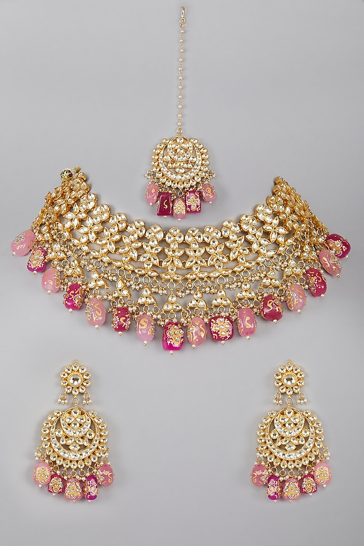 Gold Plated Kundan & Pink Stones Necklace Set by Aura Trends at Pernia's Pop Up Shop