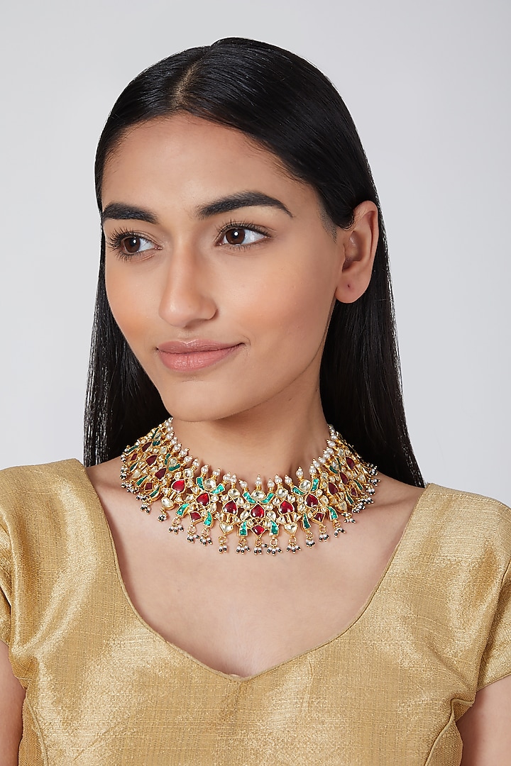 Gold Plated Kundan Necklace by Auraa Trends