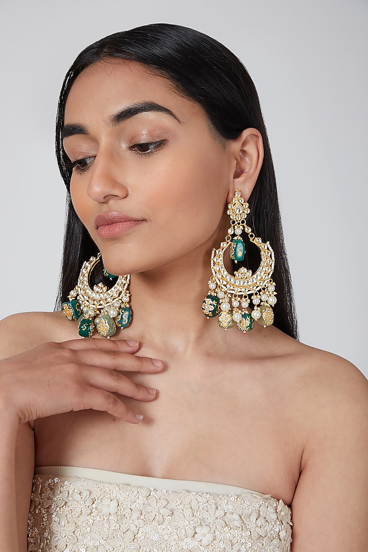Gold Plated Kundan Stone Earrings by Auraa Trends