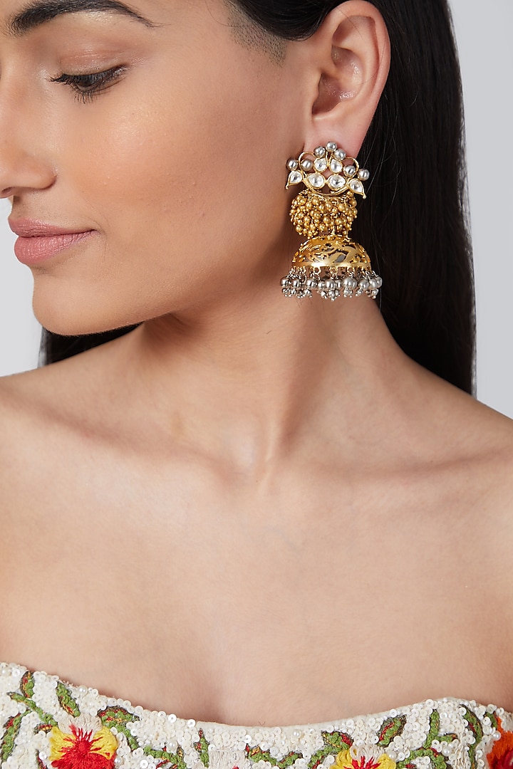 Gold Plated Studded Jhumka Earrings  by Auraa Trends