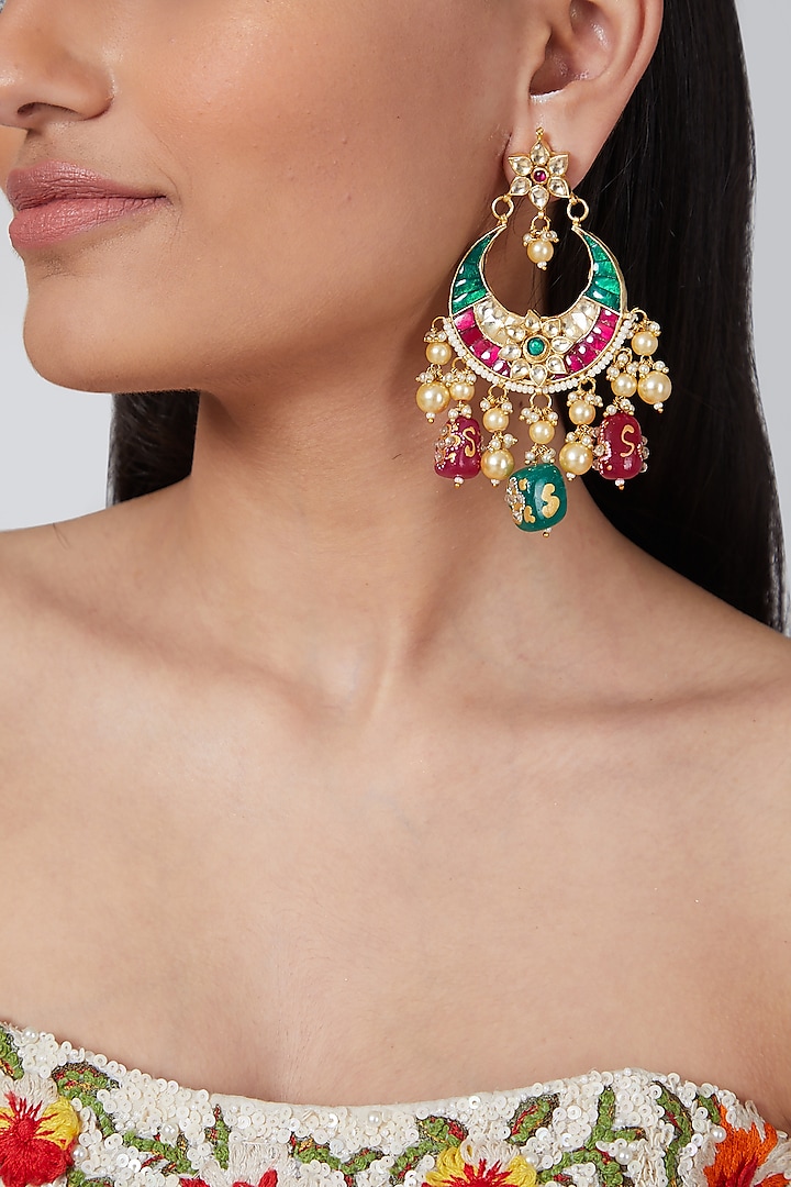 Gold Plated Green & Red Stone Earrings by Auraa Trends
