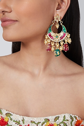 Gold Plated Green & Red Stone Earrings by Aura Trends