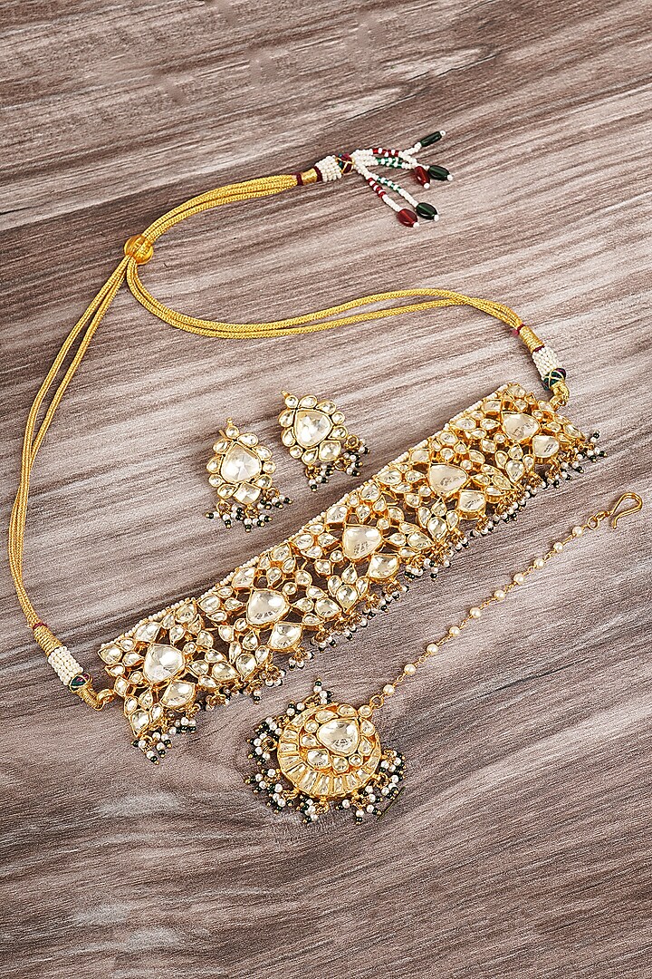 Gold Plated Choker Necklace Set With Kundan Polki by Aura Trends at Pernia's Pop Up Shop