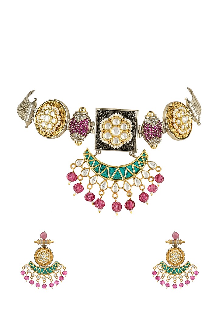 Gold Plated Choker Necklace Set With Pearl & Kundan Polki by Aura Trends at Pernia's Pop Up Shop
