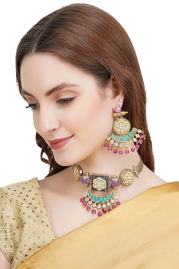 Gold Plated Choker Necklace Set With Pearl & Kundan Polki by Auraa Trends