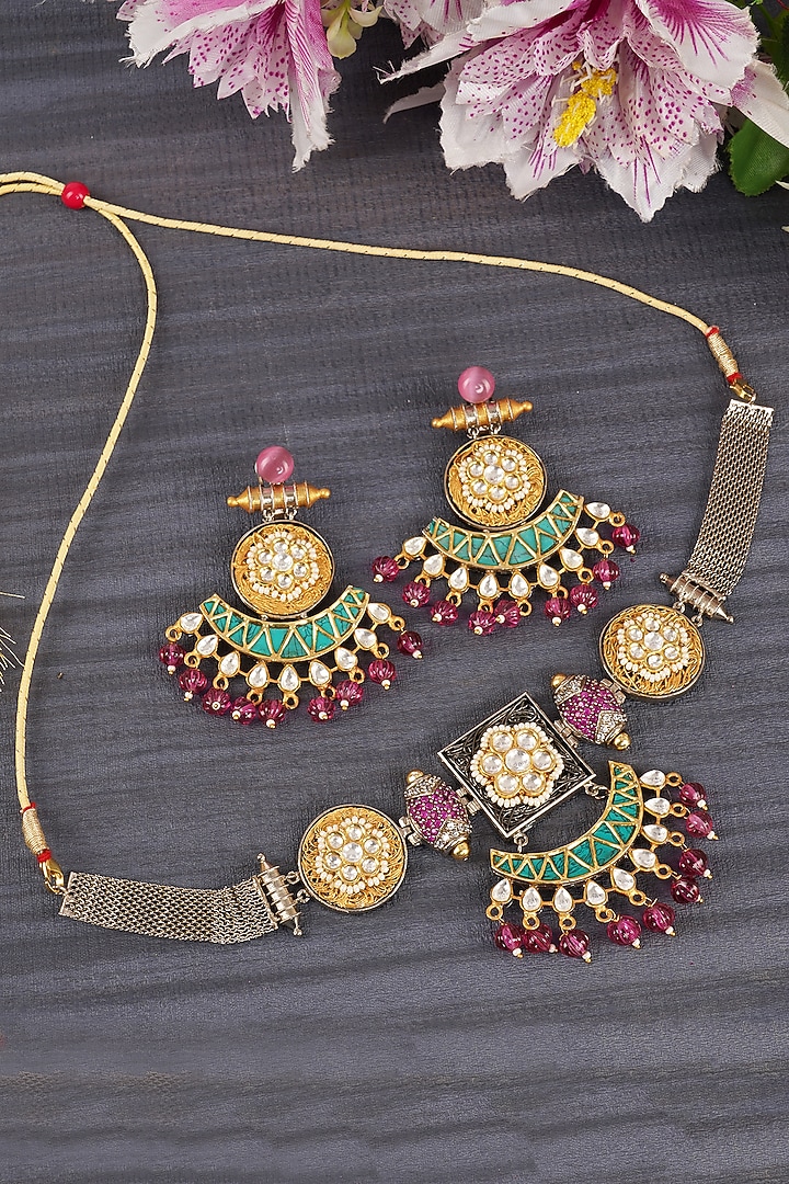 Gold Plated Choker Necklace Set With Pearl & Kundan Polki by Aura Trends at Pernia's Pop Up Shop