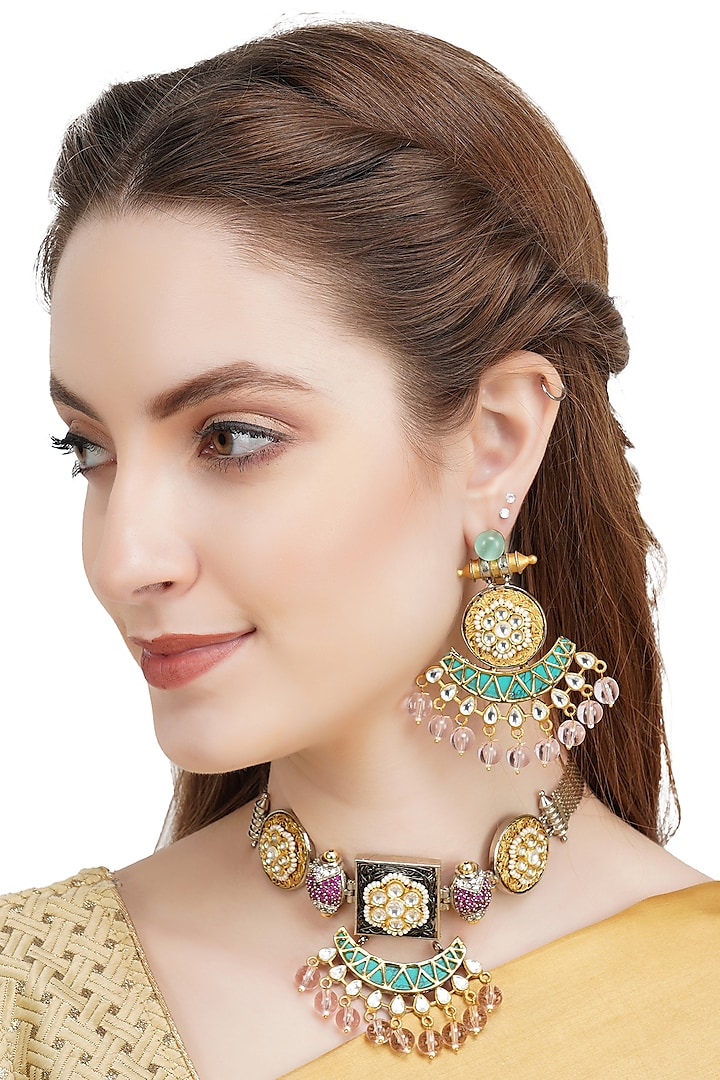 Gold Plated Green Kundan Polki Choker Necklace Set by Auraa Trends