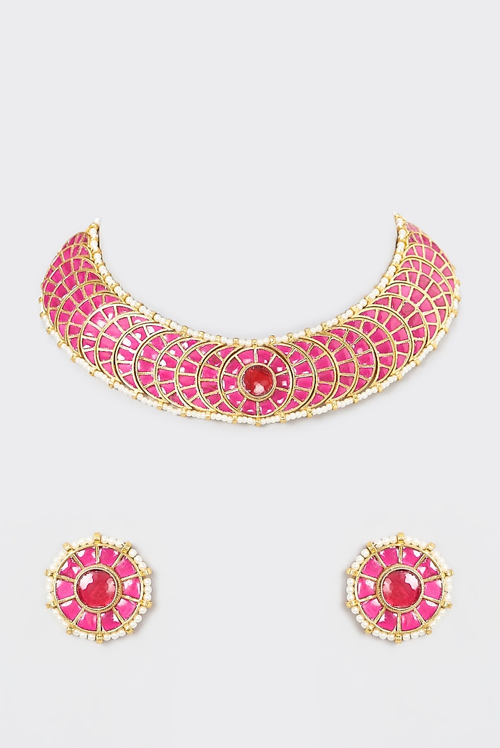 Gold Plated Pink Stone Necklace Set by Aura Trends at Pernia's Pop Up Shop