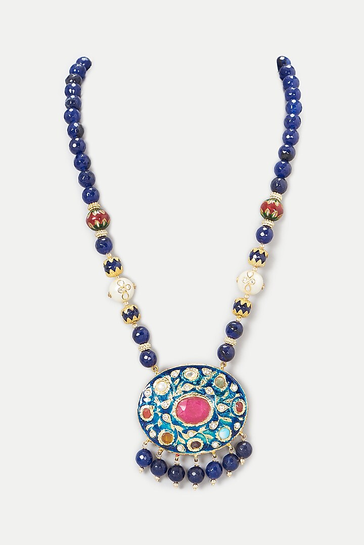 Gold Plated Kundan Polki & Blue Beaded Necklace by Auraa Trends at Pernia's Pop Up Shop