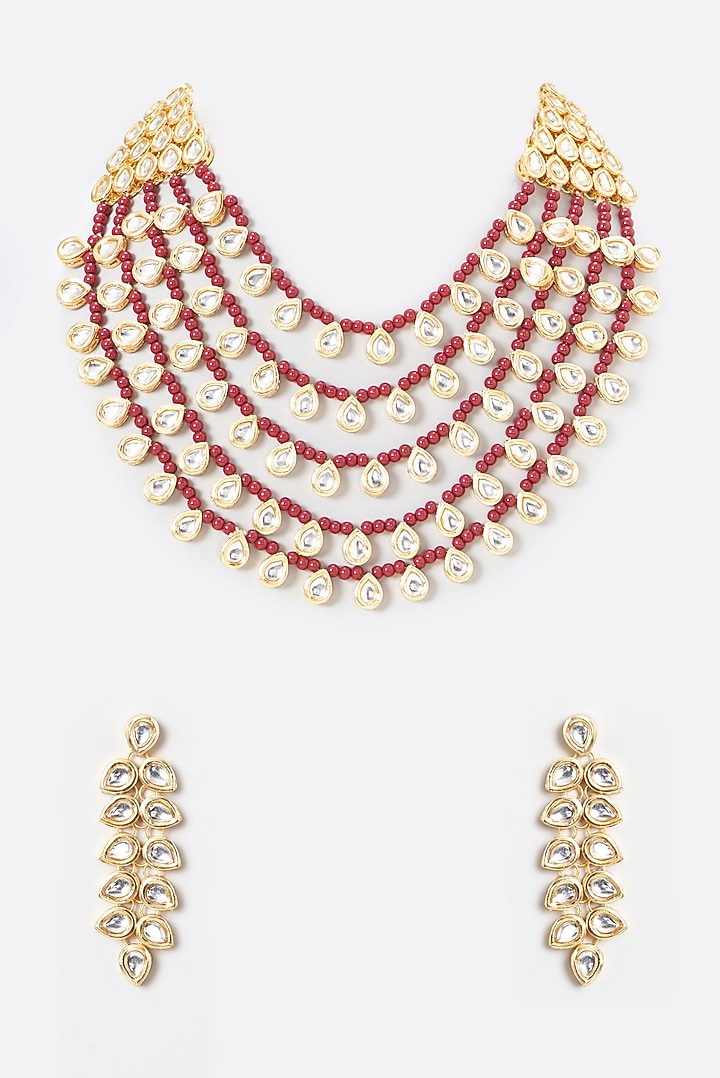 Gold Plated Kundan Polki & Red Beaded Necklace Set by Aura Trends at Pernia's Pop Up Shop