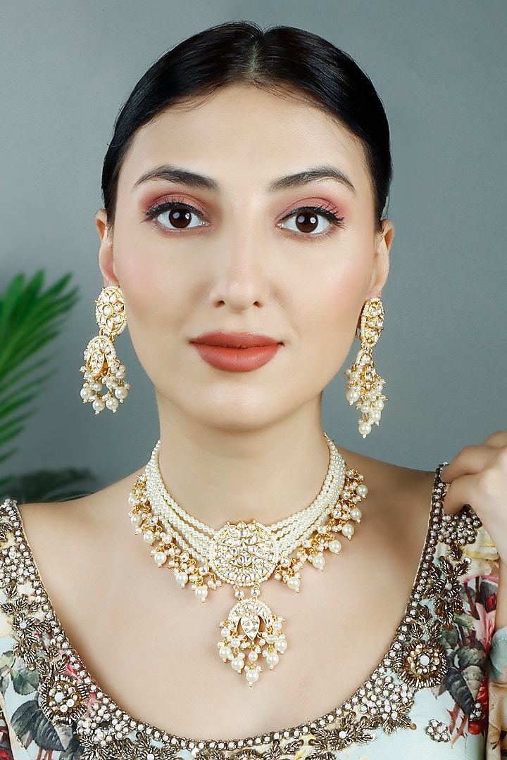 Gold Plated Kundan Polki Choker Necklace Set by Auraa Trends