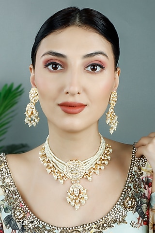 Gold Plated Kundan Polki Choker Necklace Set by Aura Trends
