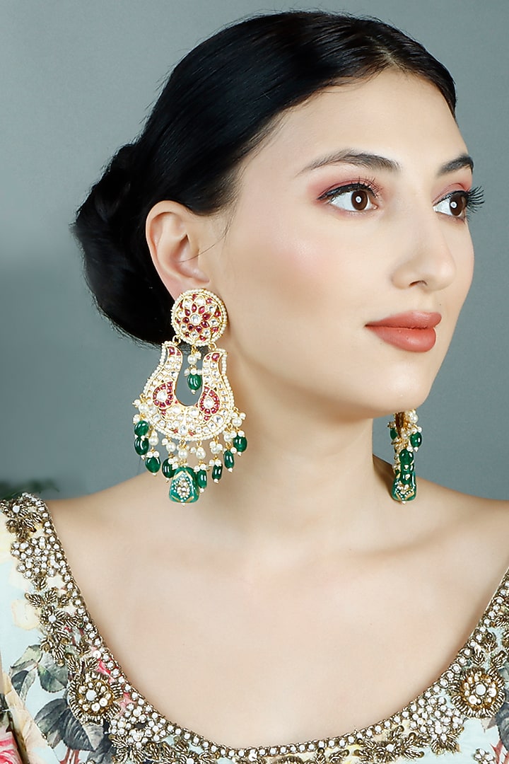 Gold Plated Kundan Polki Chandbali Earrings by Auraa Trends at Pernia's Pop Up Shop
