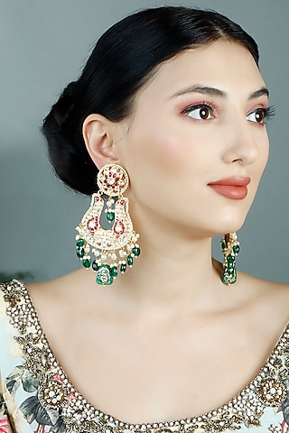 Gold Plated Kundan Polki Chandbali Earrings by Aura Trends