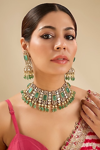 Gold Finish Multi-Colored Stone & Beaded Choker Necklace Set by Aura Trends