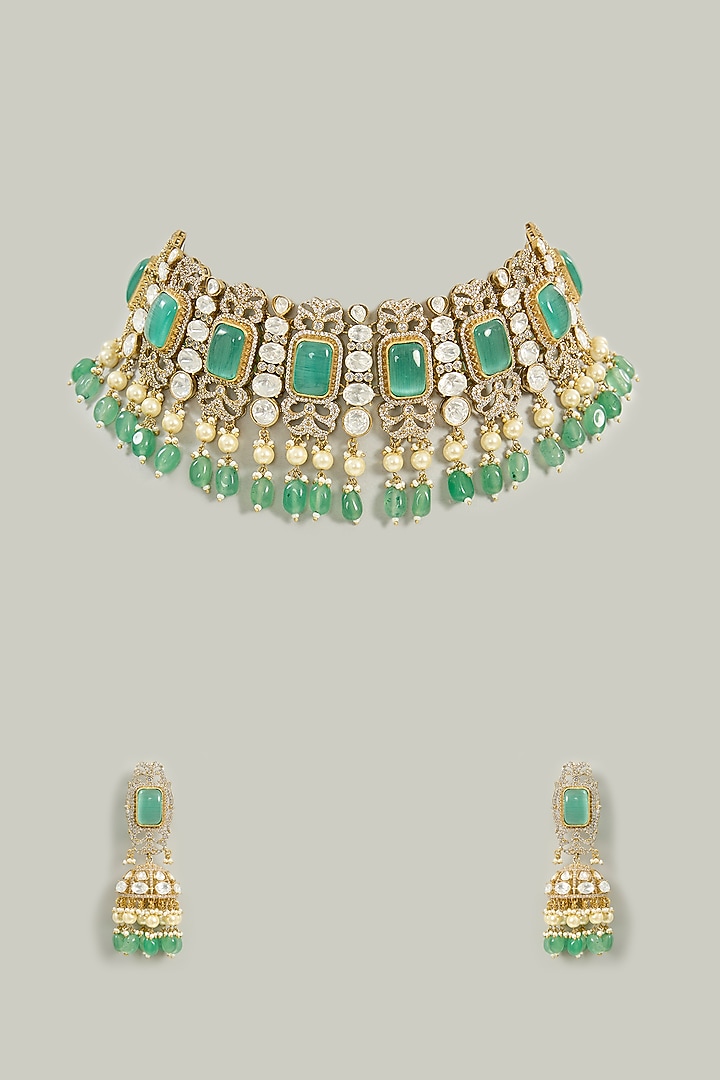 Gold Finish Multi-Colored Stone & Beaded Choker Necklace Set by Aura Trends at Pernia's Pop Up Shop